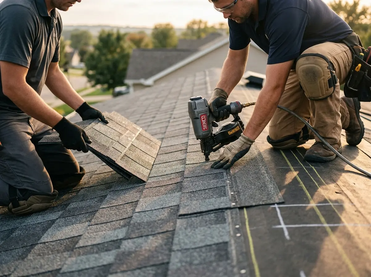 Professional roofer working on a residential roof in Highgrove